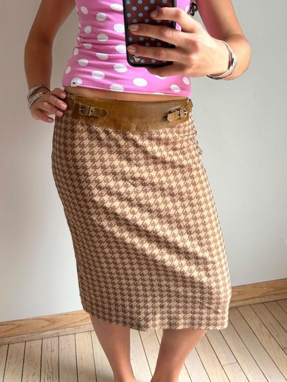 Cynthia Steffe Brown Tan Houndstooth Pencil Skirt with Faux-Leather Waistband